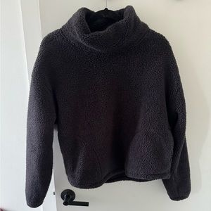 Large All In Motion Sherpa Black Crop Mock Neck Fleece Pockets Sweatshirt